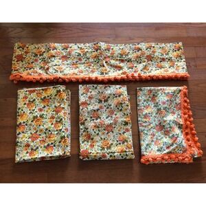 Vintage Floral Curtains, Valance & Tablecloth Fringe 1970s Boho Retro Orange